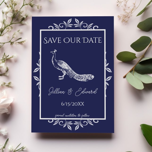 Marinho Peacock Flourish Salvar o Anúncio de Data (Navy Blue Peacock Flourish Save the Date)