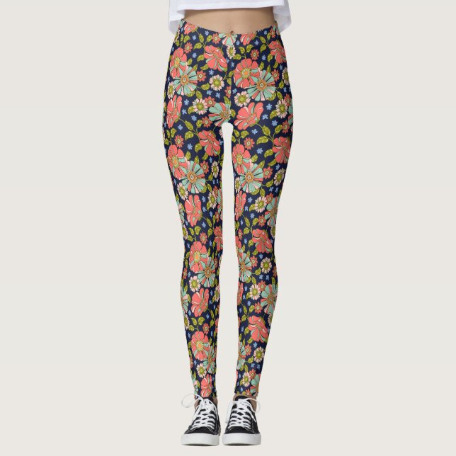 Marinho Retro 70s Leggings Florais Aqua Rosa (Frente)