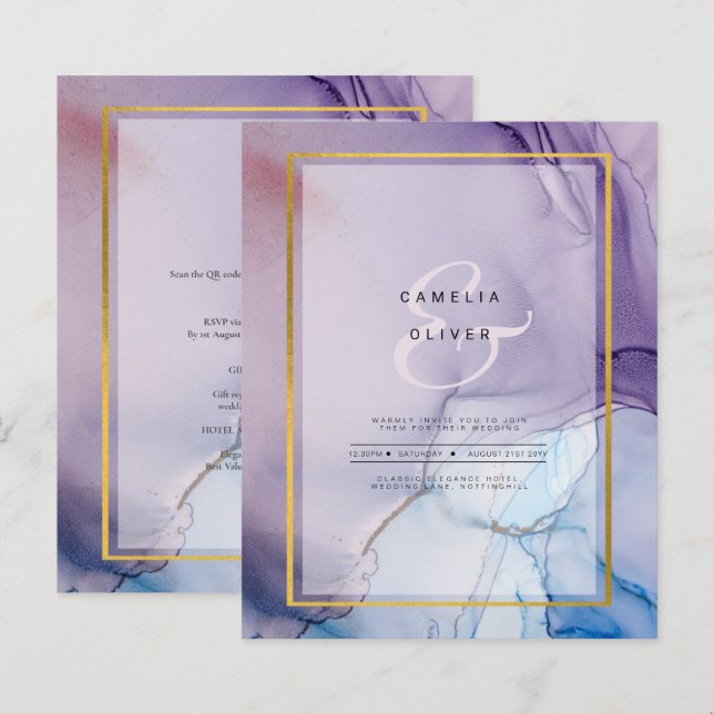 Marinho Roxo Convite de casamento Dourado Azul (Frente/Verso)