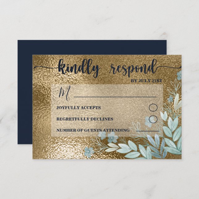 Marinho RSVP Chic e Casamento de Folhagem Dourada (Frente/Verso)