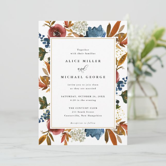 Marinho & Rust Boho Floral, Convite para Casamento (Em pé/Frente)