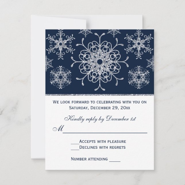 Marinho Silver Glitter LOOK Snowflakes RSVP Card (Frente)