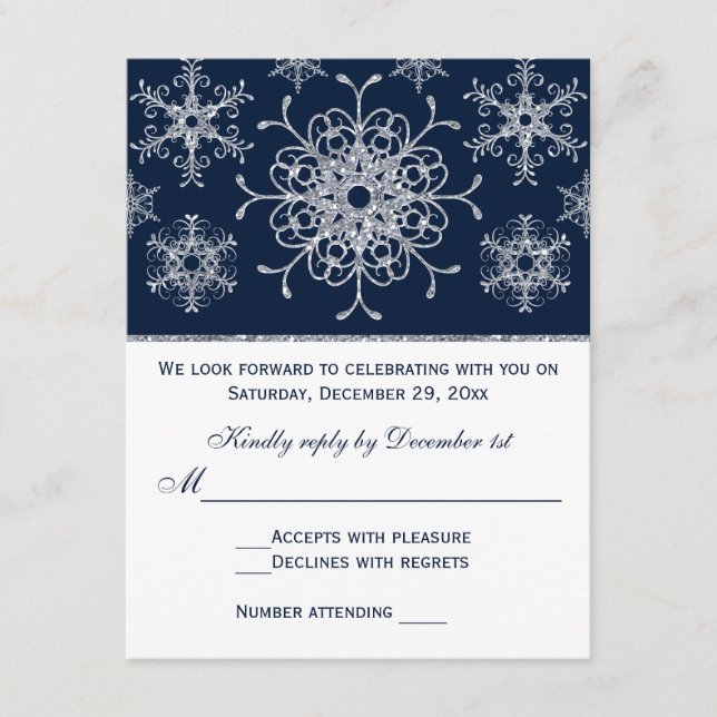 Marinho Silver Glitter LOOK Snowflakes RSVP Card (Frente)