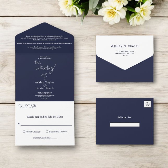 Marinho Simples Elegante Casamento Chic Branco Mod (Criador carregado)