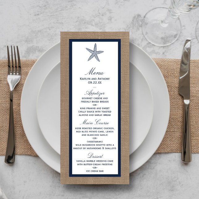 Marinho Starfish Burlap Beach Weding Menu (Criador carregado)