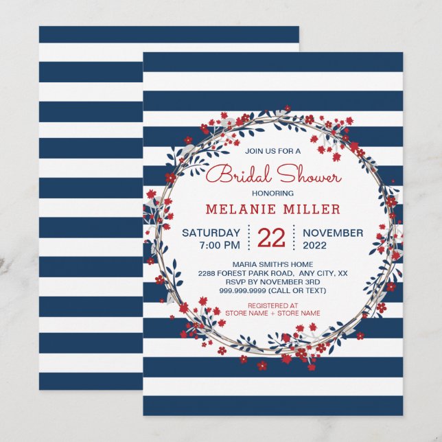 Marinho Stripes, convite para chá de panela de cor (Frente/Verso)