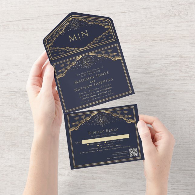 Marinho Sun Moon Tarot Card QR Convite de casament (Aba destacável)