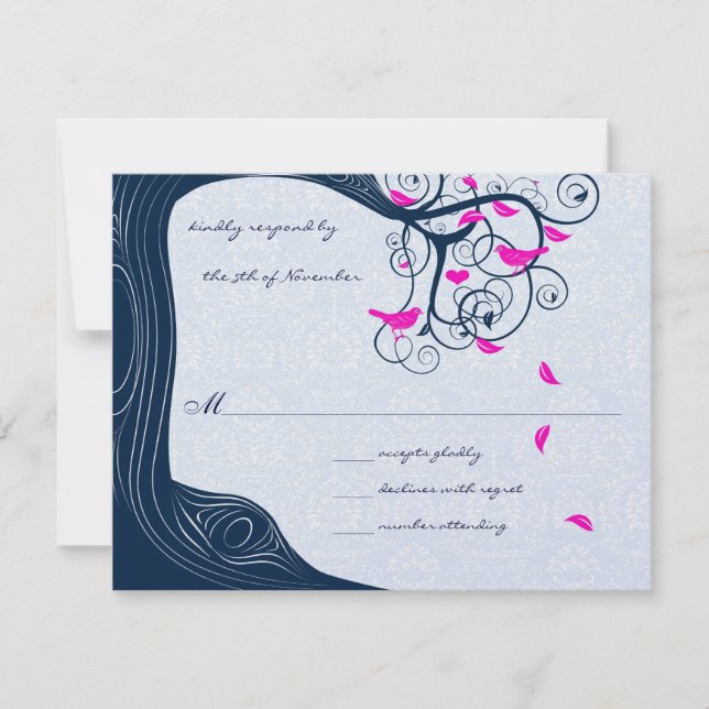 Marinho Tree Swirls Convites RSVP de Casamento (Frente)