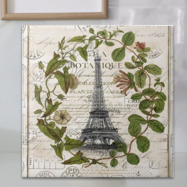mariposa botânica francesa deixa paris eiffel torr (french botanical ivy leaves paris eiffel tower ceramic tile)