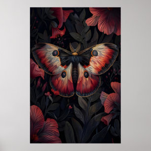 Mariposa Vermelha Preta Impressão Botânica Escura,