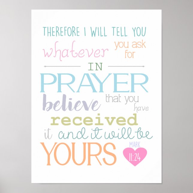 Mark 11: 24 Believe Prayer Faith Christian Poster (Frente)