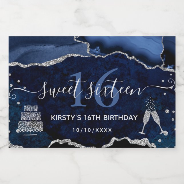 Mármore Ágata Brilho Azul e Prata Sweet 16 (Rótulo Único)