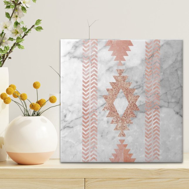 mármore branco aztec, rosa, geométrico mínimo (minimalist geometric rose gold aztec white marble ceramic tile)