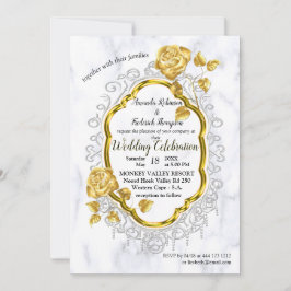 Mármore branco com convite para decoração de ouro