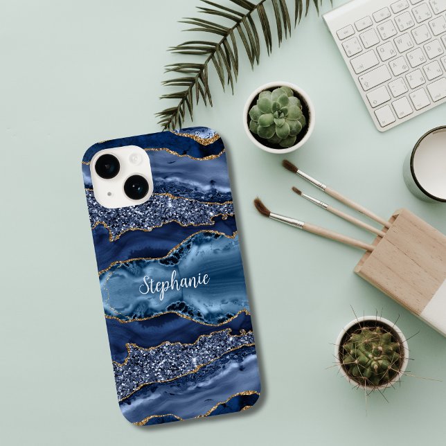 Mármore Brilhante com Ágata Azul Monogramada (Blue Gold Glitter Agate Monogrammed iPhone case)