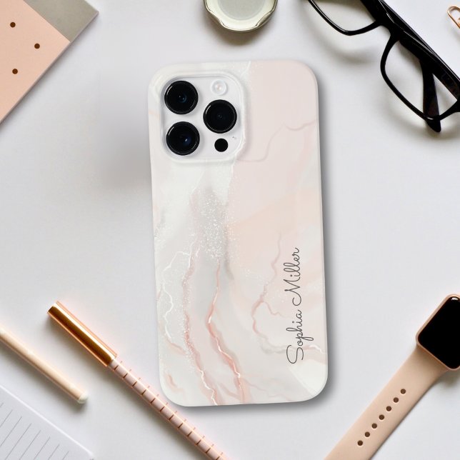 Mármore Pérola Moderno Elegante Bege Dourado Com N (Elegant Pearl Marble Blush Pink Custom Name in Modern Script Phone Case)