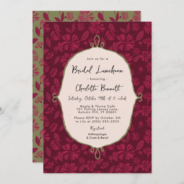 Maroon Autumn Floral Bridal Luncheon Convite (Frente/Verso)