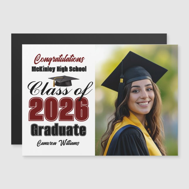 Maroon Class of 2026 Graduation Photo Magnet Card (Frente/Verso)