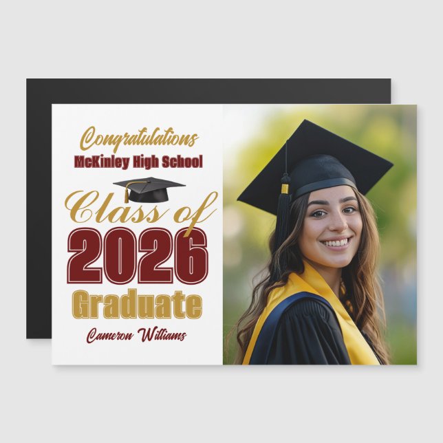 Maroon Gold Class of 2026 Graduation Photo Magnet (Frente/Verso)