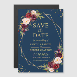 Maroon Marinho Floral Imã salve a data Geométrica