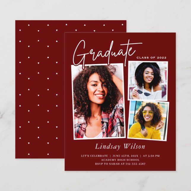 Maroon Red Girl 3 Fotografar Convites para Graduaç (Frente/Verso)