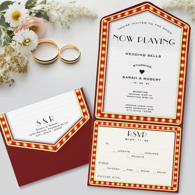 Marquee de Máscara do Cinema Retro (Retro Cinema Movie Theater Marquee Sign Wedding All In One Invitation)