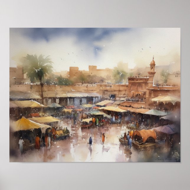 Marrakech Marrocos Watercolor Art Impressão (Frente)
