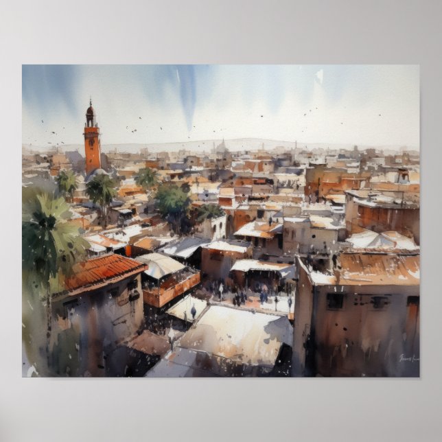 Marrakech Marrocos Watercolor Art Impressão (Frente)
