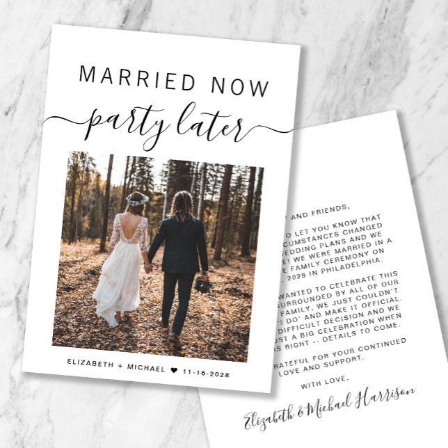 Married Now Party Later Photo Wedding Announcement (Criador carregado)