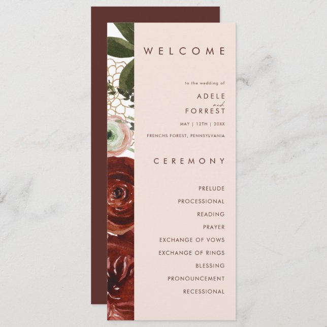 Marsala Autumn Floral | Programa Blush Wedding (Frente/Verso)