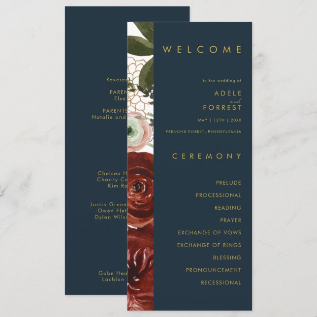 Marsala Autumn Floral | Programa de Casamento de M (Frente/Verso)