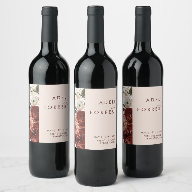 Marsala Autumn Floral | Rótulo De Vinho De Casamen (Garrafas)