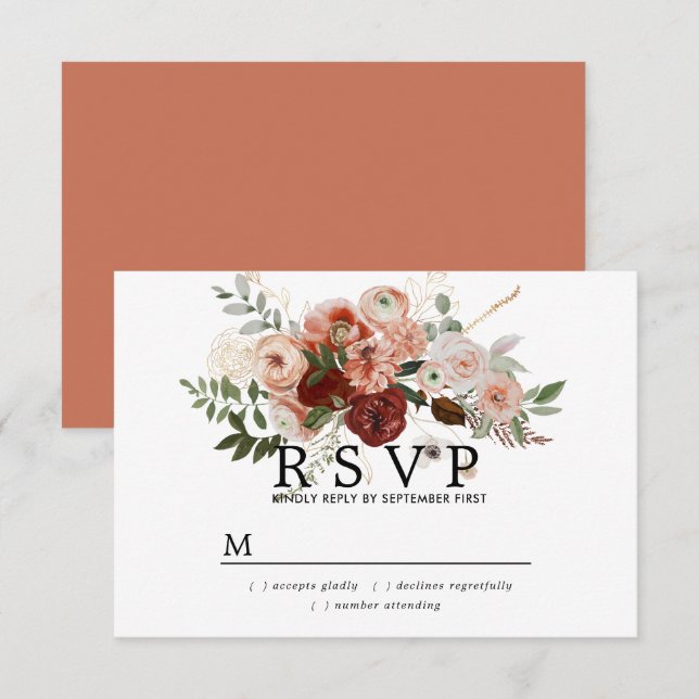 Marsala Blush Terracotta Floral Wedch Cartão RSVP (Frente/Verso)