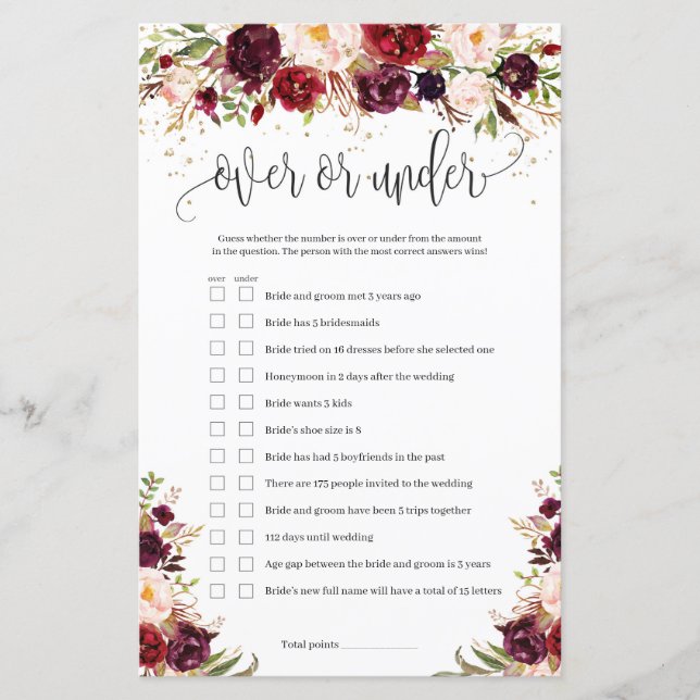 Marsala burgundy floral sobre ou sob jogo (Frente)