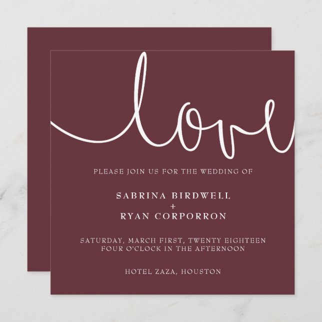 Marsala + convite de casamento elegante branco (Frente/Verso)