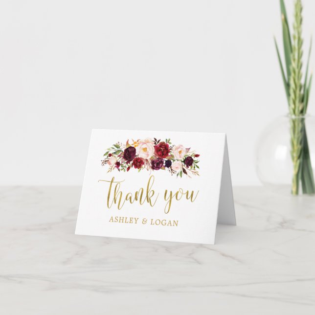 Marsala Floral Dourado Cartões de agradecimentos d (Frente)
