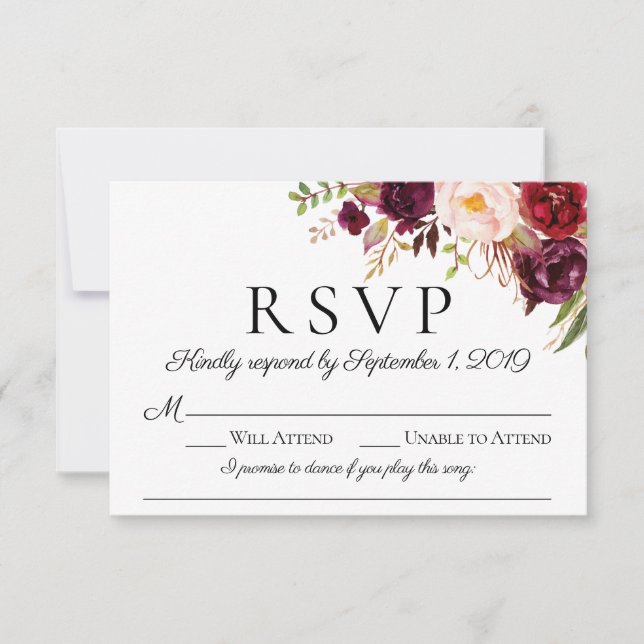 Marsala Floral Wedding RSVP Cartões com Música Esc (Frente)