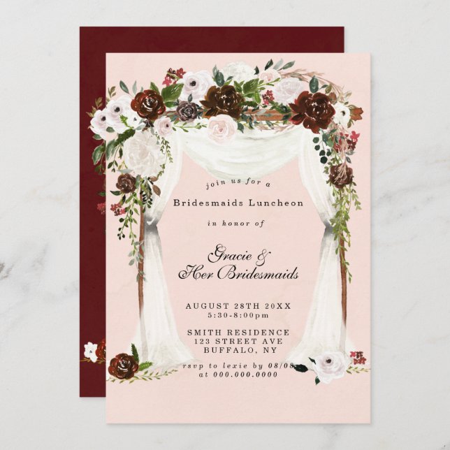 Marsala Pink Canopy Bridesmaids Luncheon Invites (Frente/Verso)