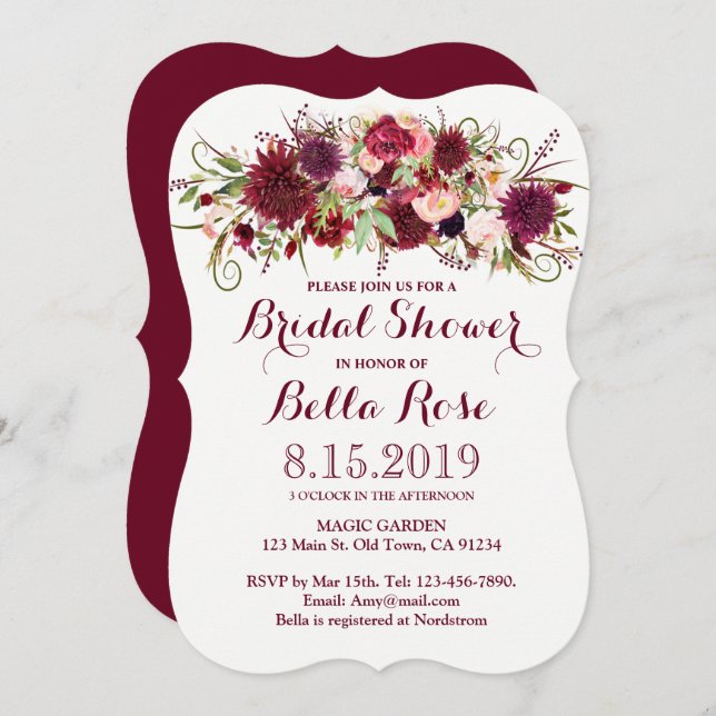 Marsala Red Burgundy Chá de panela Floral Convite (Frente/Verso)