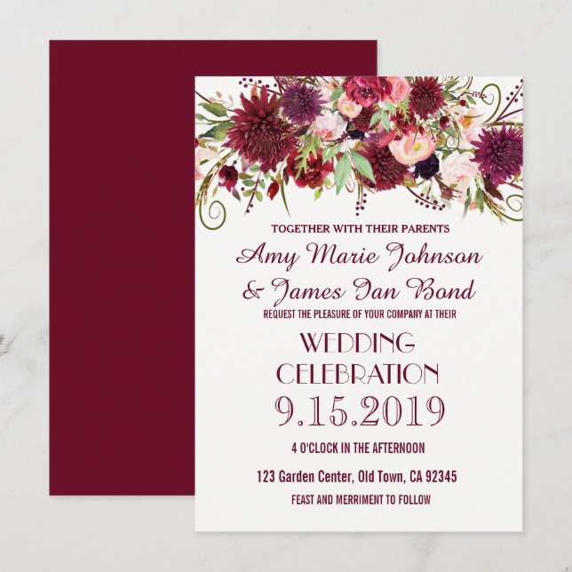 Marsala Red Burgundy Convites De Casamento Floral (Frente/Verso)