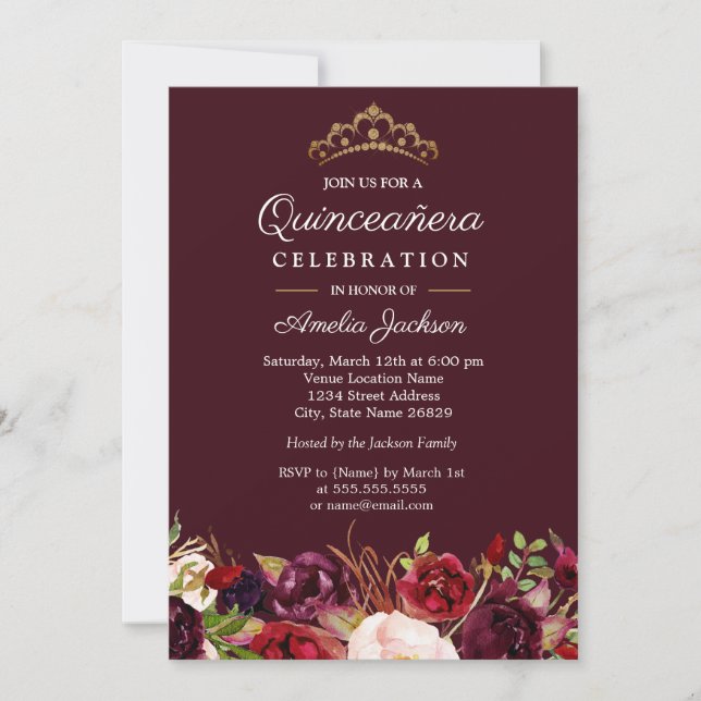Marsala Red Burgundy Quinceanera Convite Floral (Frente)