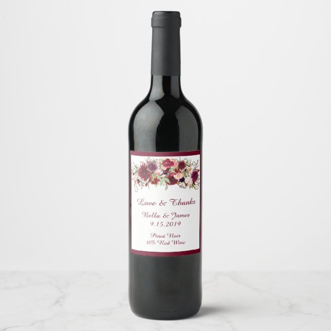 Marsala Red Floral Boho Casamento Rótulos de Vinho (Frente)
