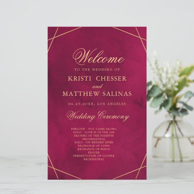 Marsala Red Modern Watercolor Wedding Program Card (Em pé/Frente)