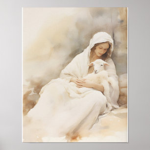 Mary Holding Lamb Watercolor Art Impressão