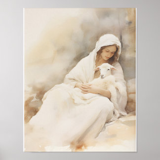 Mary Holding Lamb Watercolor Art Impressão