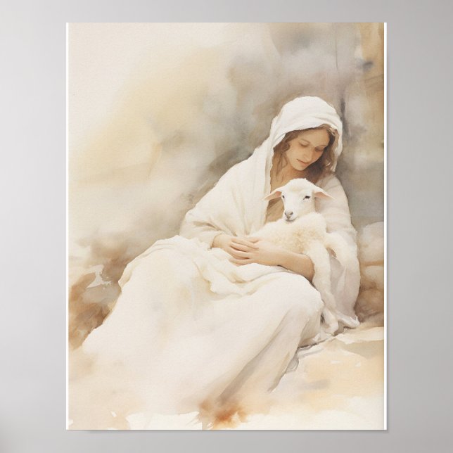 Mary Holding Lamb Watercolor Art Impressão (Frente)