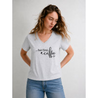 Mas Primeiro Café V Neck Camiseta de Café para Mul