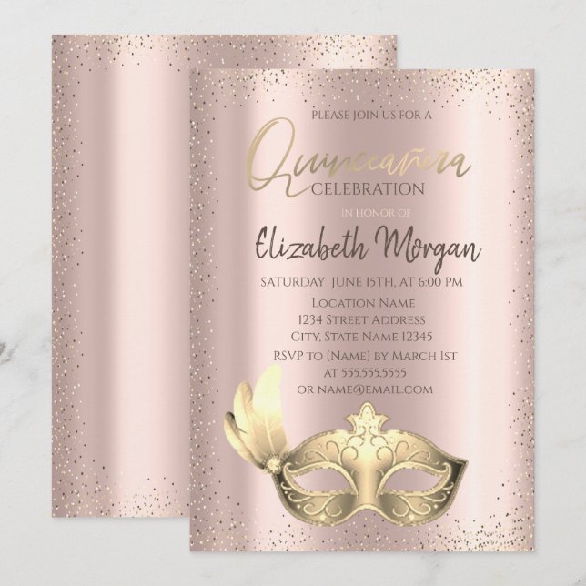 Máscara, Convite Quinceañera Rosa Dourado Confete (Frente/Verso)