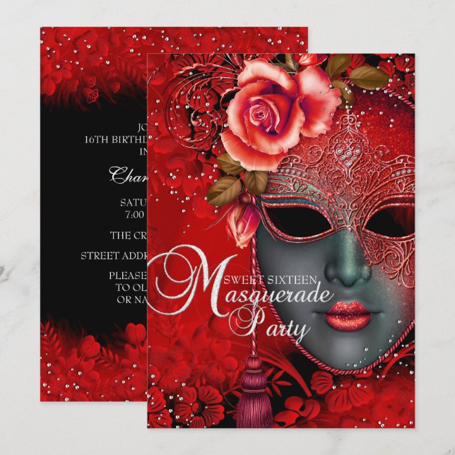 Máscara de brilho Vermelho Convite Mascarada Sweet (Frente/Verso)