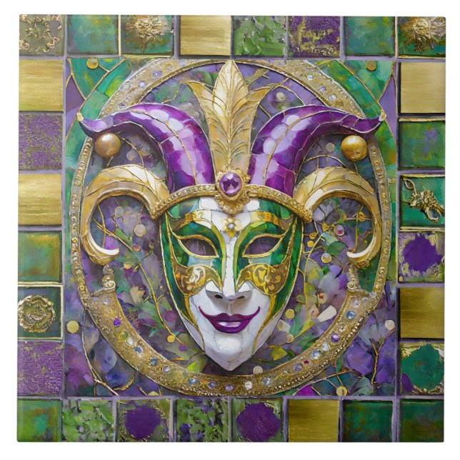 Máscara de Jester do Mardi Gras Roxa Verde Dourada (Frente)